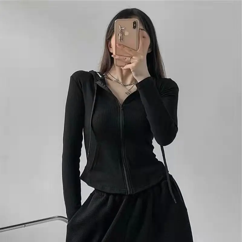 Street Style Zipper Up Slim Crop Tops Women Autumn New Thin Hooded Jacket Woman Korean Pocket Long Sleeve Shirt