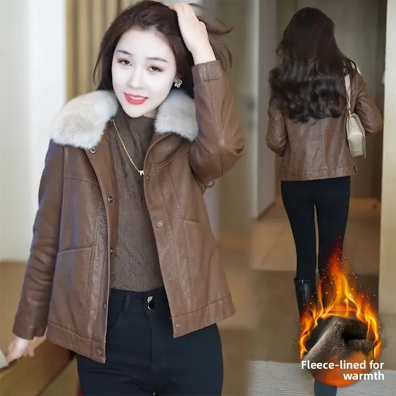 Faionable Fce gefüttertes PU-Leder Ort Jaet Damen Winter New Sle Ele Damen Vielseitiger großer Pelzkragen Trendy