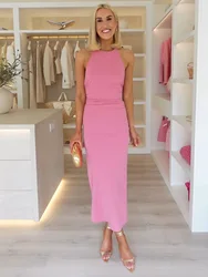 Gathered Wedding Guest Elegant Party Dresses Back Knot Slit Hem Sexy Backless Midi Dress Round Neck Halter Summer Dress Women