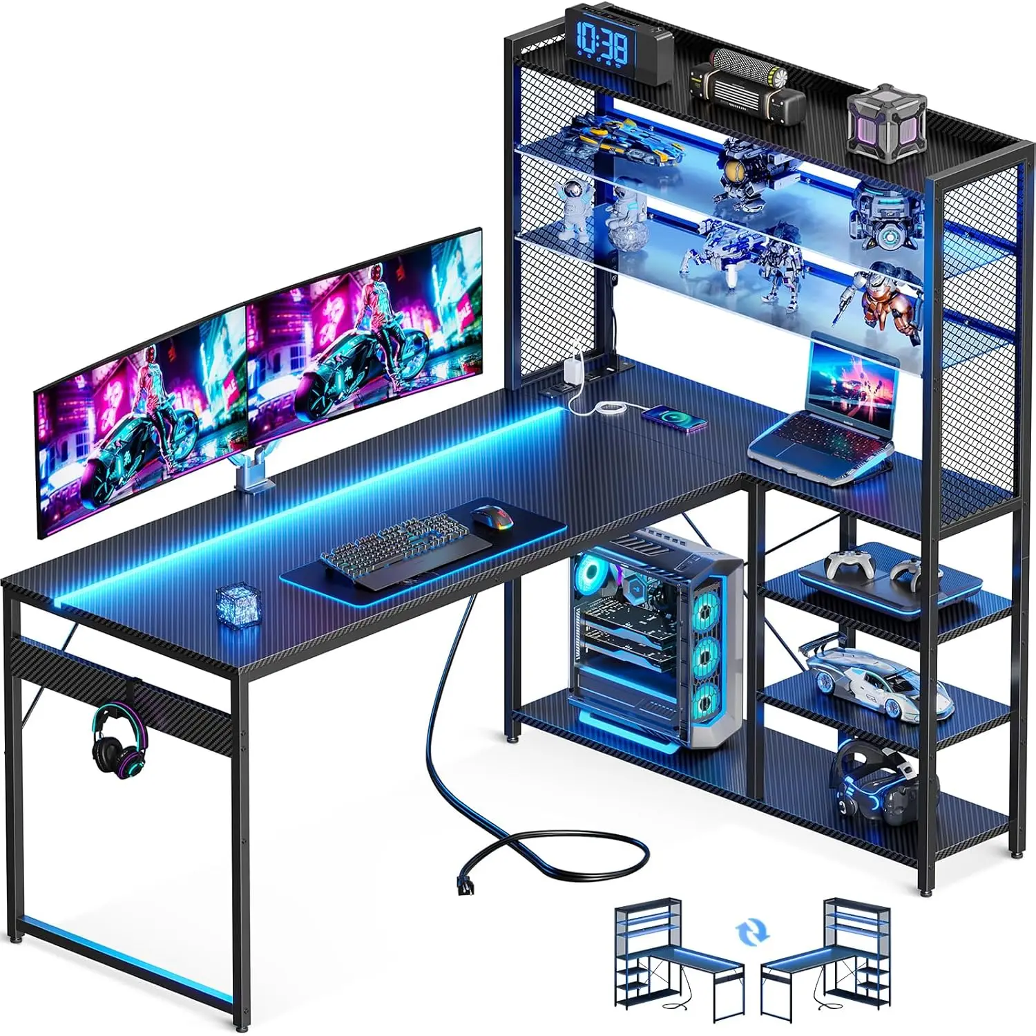 

L Shaped Gaming Desk, Reversible Computer Desk with Power Outlet, Gaming Table with LED Lights, L Shaped Desk