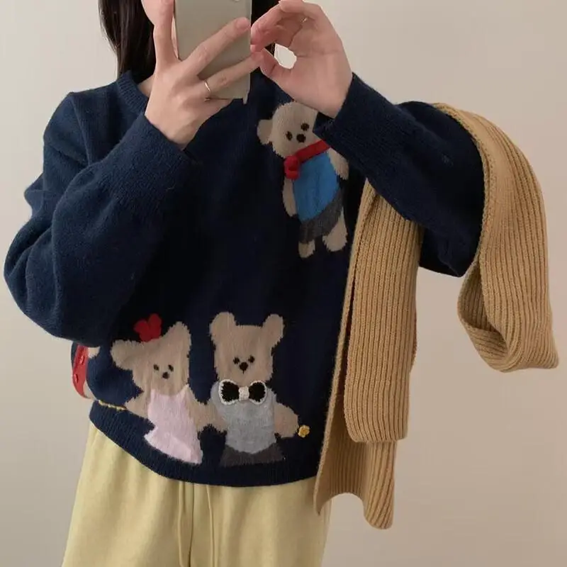 Cartoon Cute Jacquard Pullover Sweater Women  Autumn Winter New Loose Versatile Warm Knitwear Kawaii Fashion Women's Sweater