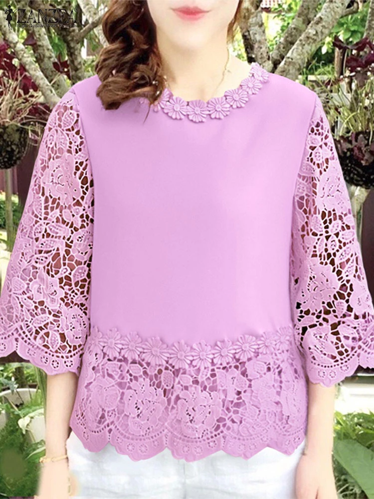 

ZANZEA 2025 Summer Openwork Blusas Mujer Elegant Day Wear Lace Patchwork Fashion Blouses Woman O-Neck 3/4 Sleeve Commuting Tops