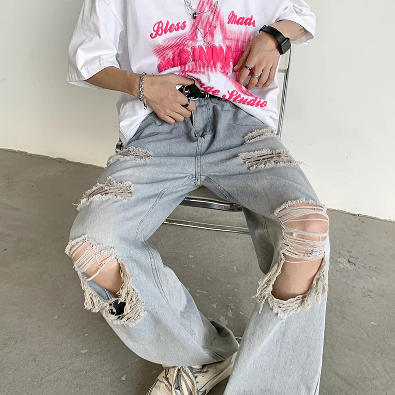 

2023 New Street Casual Comfortable Ripped Jeans Men's Korean Fashion Hip Hop Straight Wide Leg Trousers Vintage Denim Pants B15