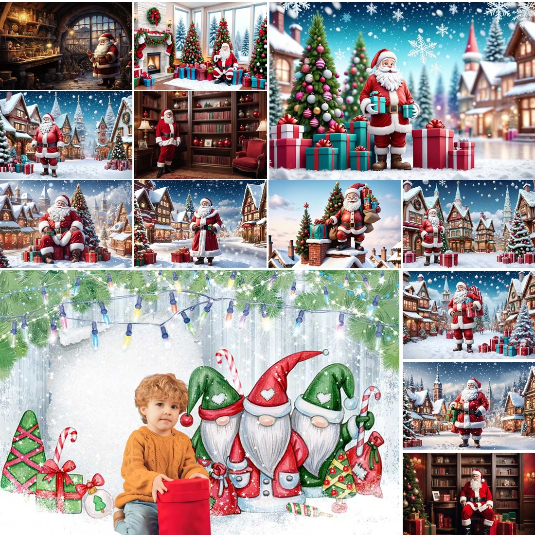 

MOON.QG Santa Gnome Christmas Backdrop Studio Photo Xmas Trees New Year Snowy Town Backgrounds Photographs Photobooth Photocall