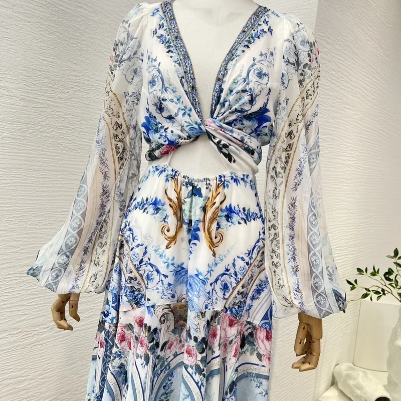 Elegante 2024 New Blue pure silk cut out white floral print lantern sleeve diamonds lace-up women midi dress size corre più grande