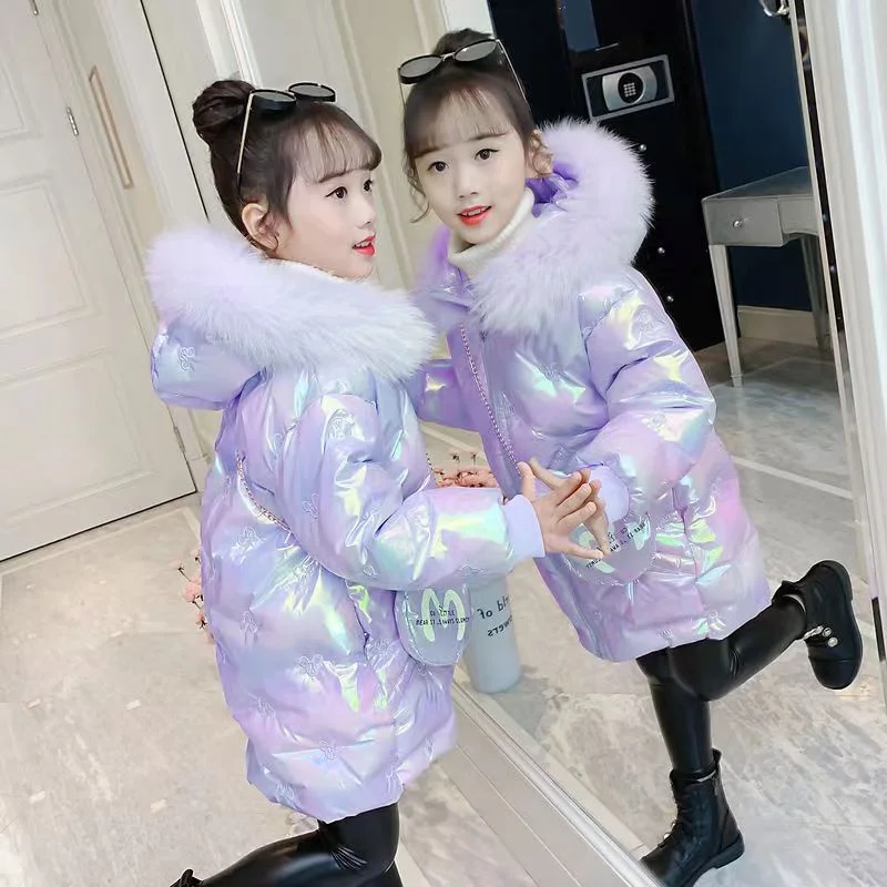 Thicken Casual Jackets Kids Winter Glossy Coats Baby Girl Plush Hooded Outerwear Children Zipper Parkas Fashion Cute Overcoat