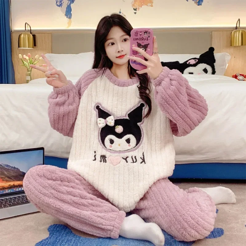 

Sanrio Kuromi Plush Women Pajamas Winter Thickened Warm Homewear Suit Loose Leisure Can Go Out Long-sleeved Pants Two-piece Set