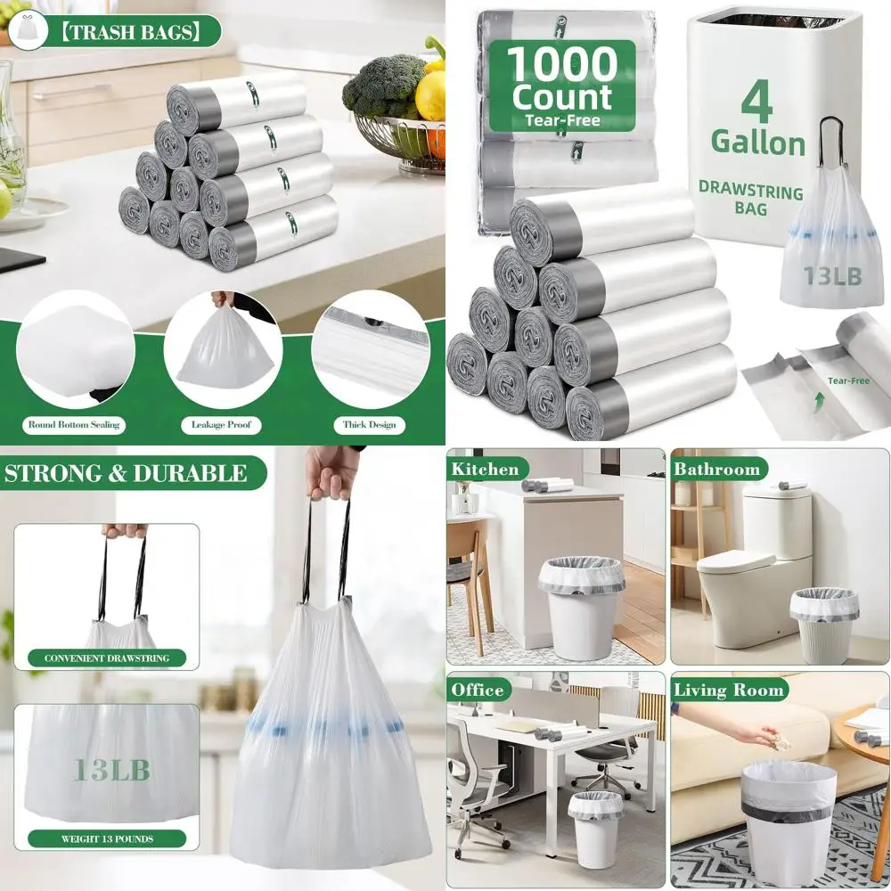 

Упаковка из 1000 штук: Маленькие плотные мешки для мусора объемом 4 галлона, идеально подходят для домашнего использования в ванной, на кухне и в спальне (белые)
