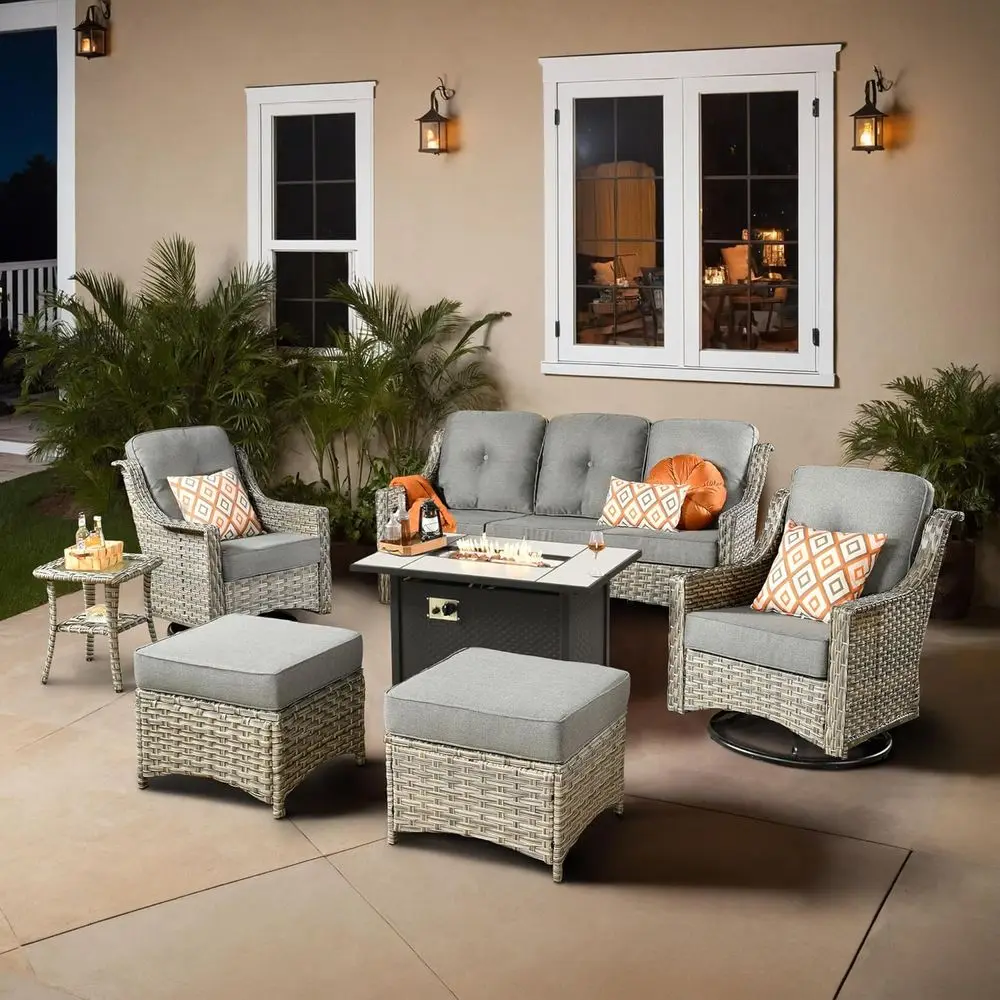 

7-Piece Outdoor Patio Furniture Set with 42 Fire Pit Table, High Back Couch, Swivel Rocking Chair, Grey Rattan Wicker 3-Seater S