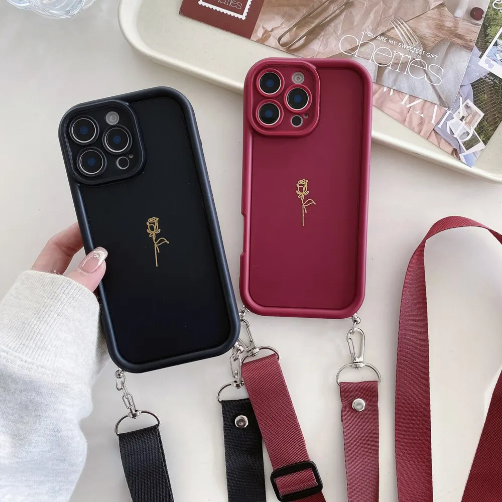 

New Rose Flower Matte Phone Case For iPhone 16 11 12 13 14 Pro Max 15 Plus Crossbody Adjustable Lanyard Strap Rope Soft Cover