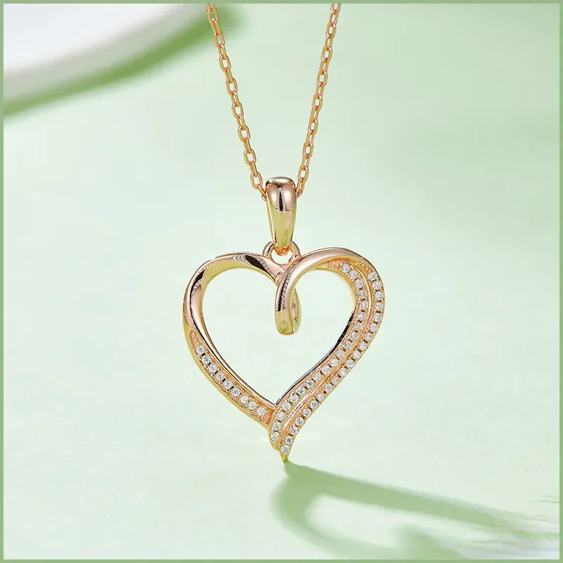 GEM'S BALLET Moissanite Double Row Heart Pendant Necklace in 925 Sterling Silver Hollow Out Design Pendant Anniversary Gift