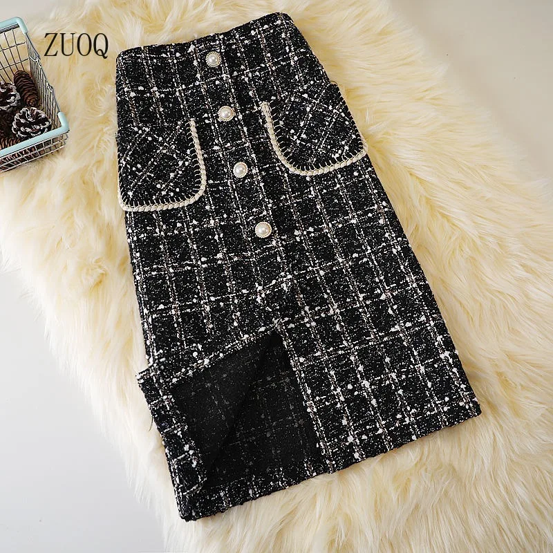 

2025 New Korean Style Woolen Plaid Skirt Women A-line High Waist Vintage Winter Skirt Woman