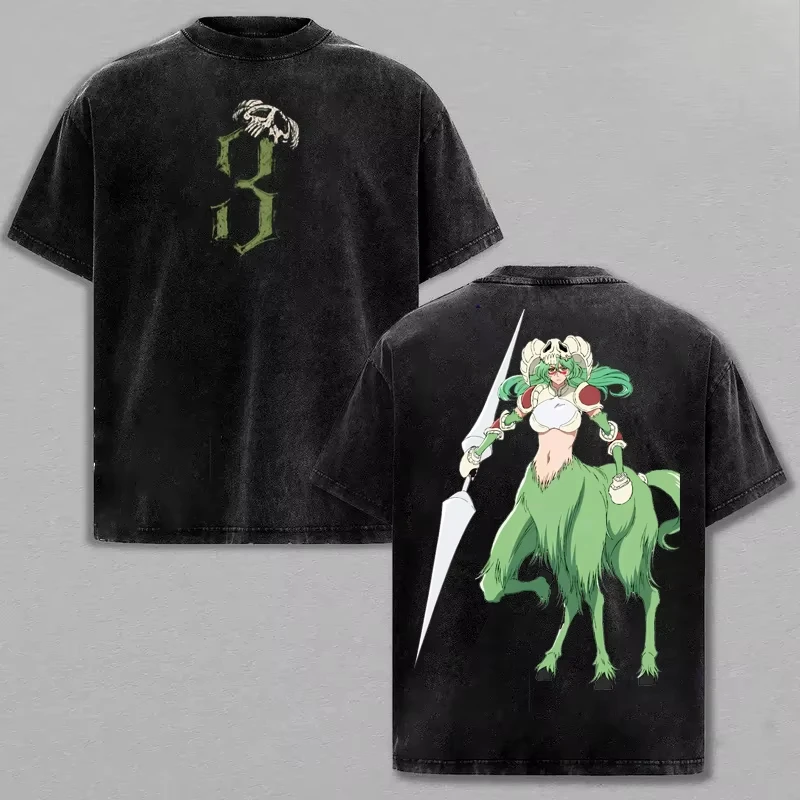 Hot Anime BLEACH Nelliel Tu Odelschwanck Vintage Washed T Shirts Unisex Hip Hop Streetwear Top Gothic Cotton Oversized T-shirts
