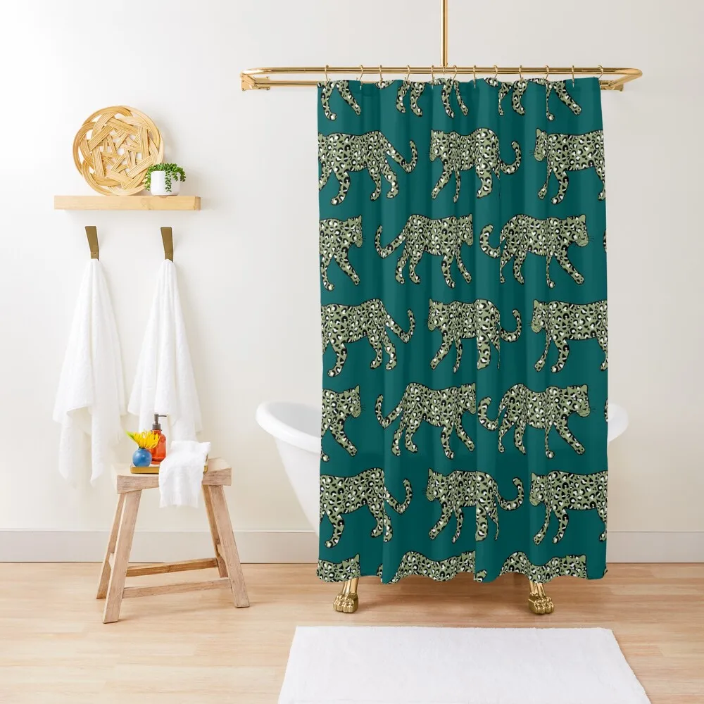 

Leopard Parade - Olive on Dark Teal Shower Curtain Window Luxury Bathroom For The Bathroom Waterproof Bathroom Shower Curtain