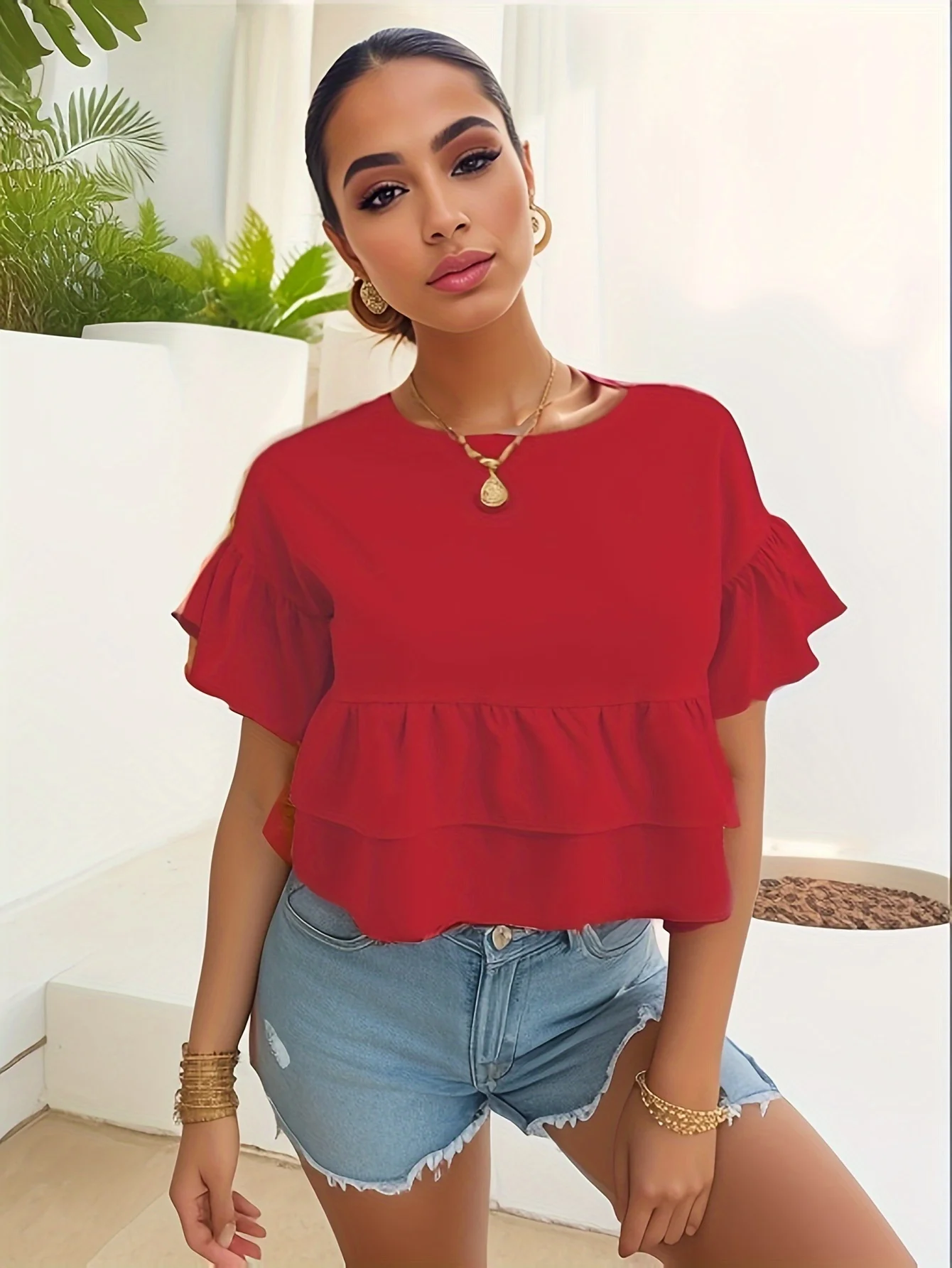 Simple And Fashionable Frilly Round Collar Ruffled Elegant Shirt Spring And Summer Casual Short-Sleeved Blouse