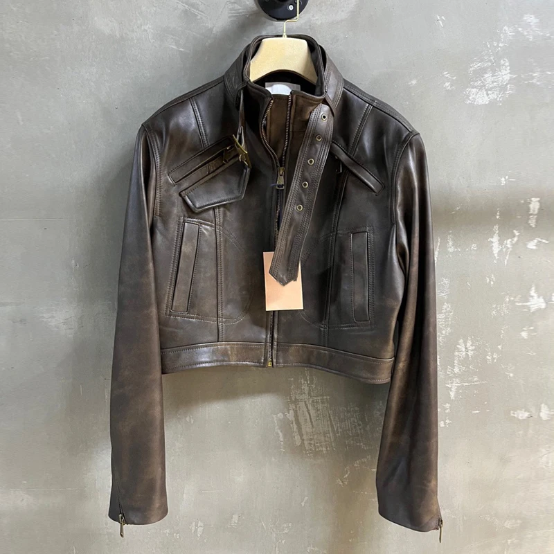 100% Genuine Leather Women Retro Distressed Jackets High Street Full Sleeve Stand Collar Short Imported Lambskin Moto Jackets