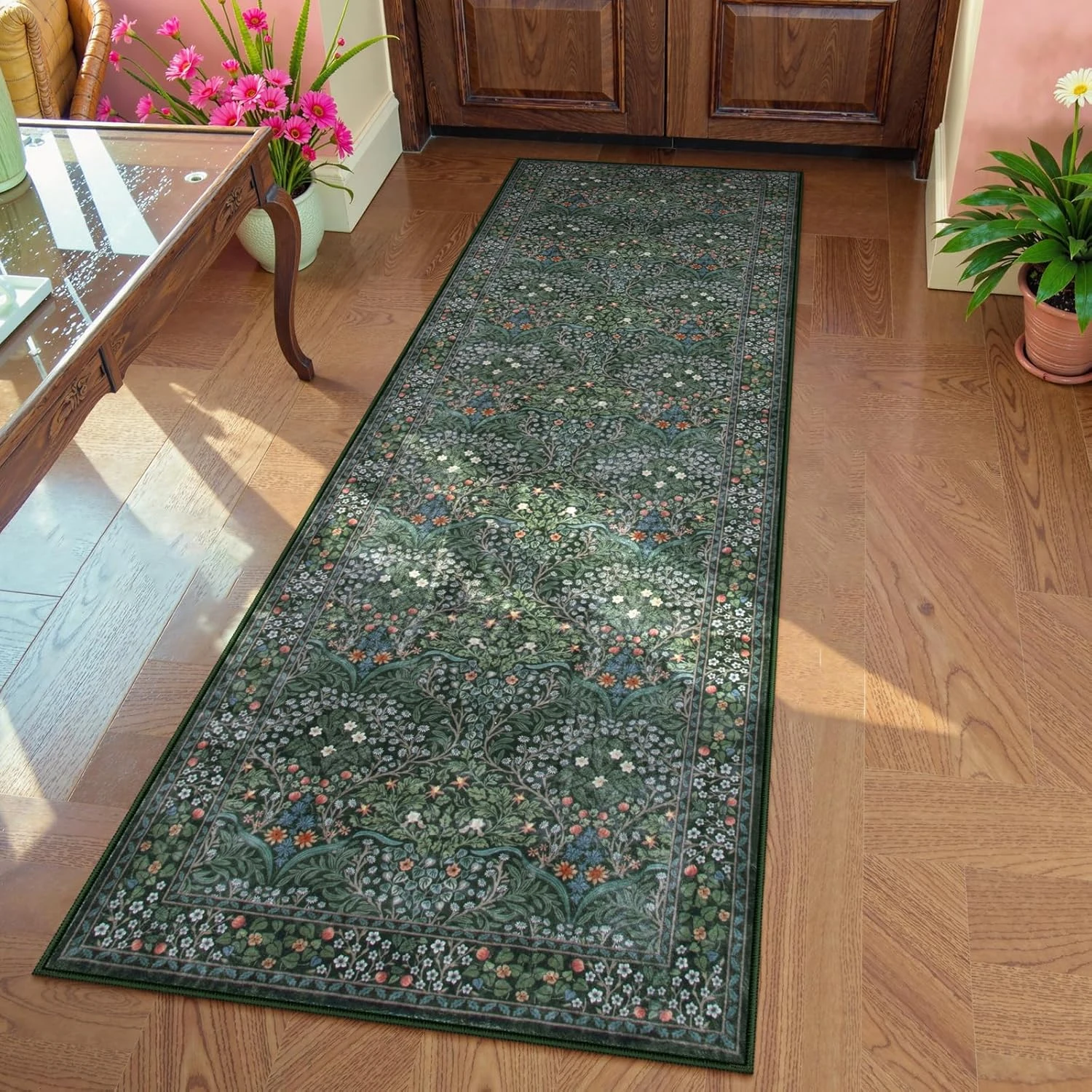 

Modern Plant Flower Hallway Carpet Soft Non-slip Machine Washable Floor Mat Bedroom Bedside Long Rug Green Home Decoration 러그