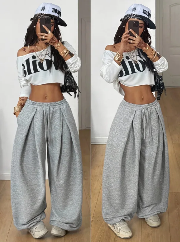 Y2K new Wide Leg Sweatpants Women Streetwear Baggy Oversize Gray Sports Pants High Waist Drawstring Casual Joggers Trousers