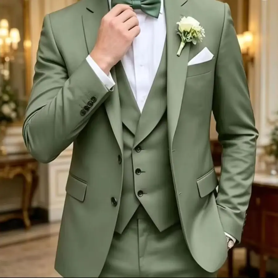 

3 Piece Set Mint Green Men Suits Groom Groomsman Wedding Party Formal Occasion Prom Business Male Suit Tuxedos Jacket Vest Pants