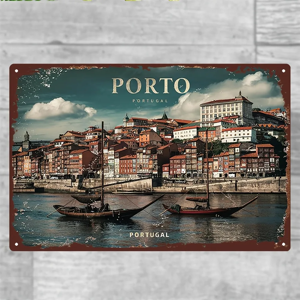 2D Flat, 1pc Vintage Metal Sign | Ancient Architecture and Sailboat Scenery by the Douro River in Porto, Portugal | 20*30cm