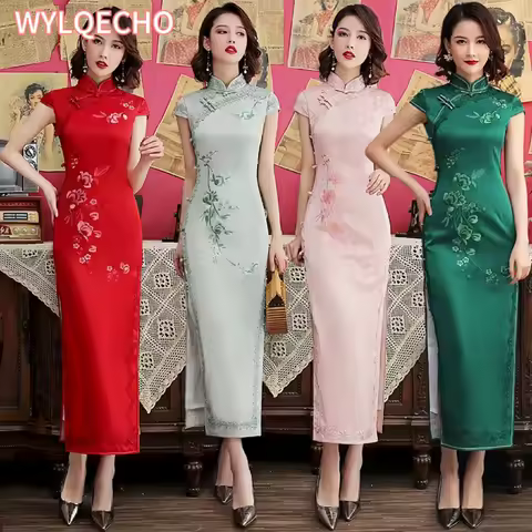 Silk Embroidered Long Cheongsam 2023 New Lace Edge Improved Qipao Chinese Style Evening Dresses Woman Ceremony Dress