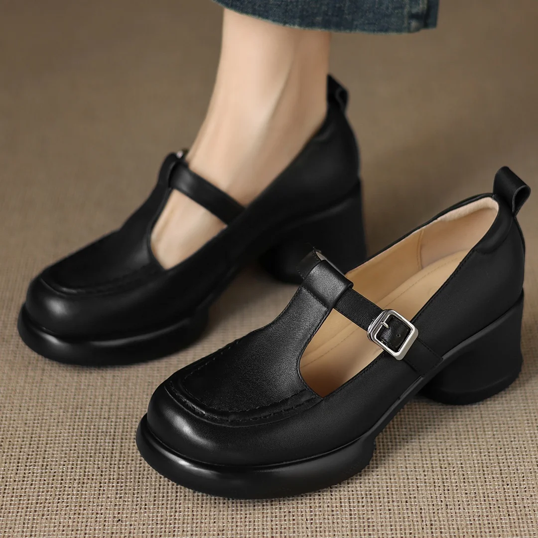 

danxuefei women's cow leather narrow band t-strap slip-on pumps 6cm chunky heel platform casual female heeled shoes for woman