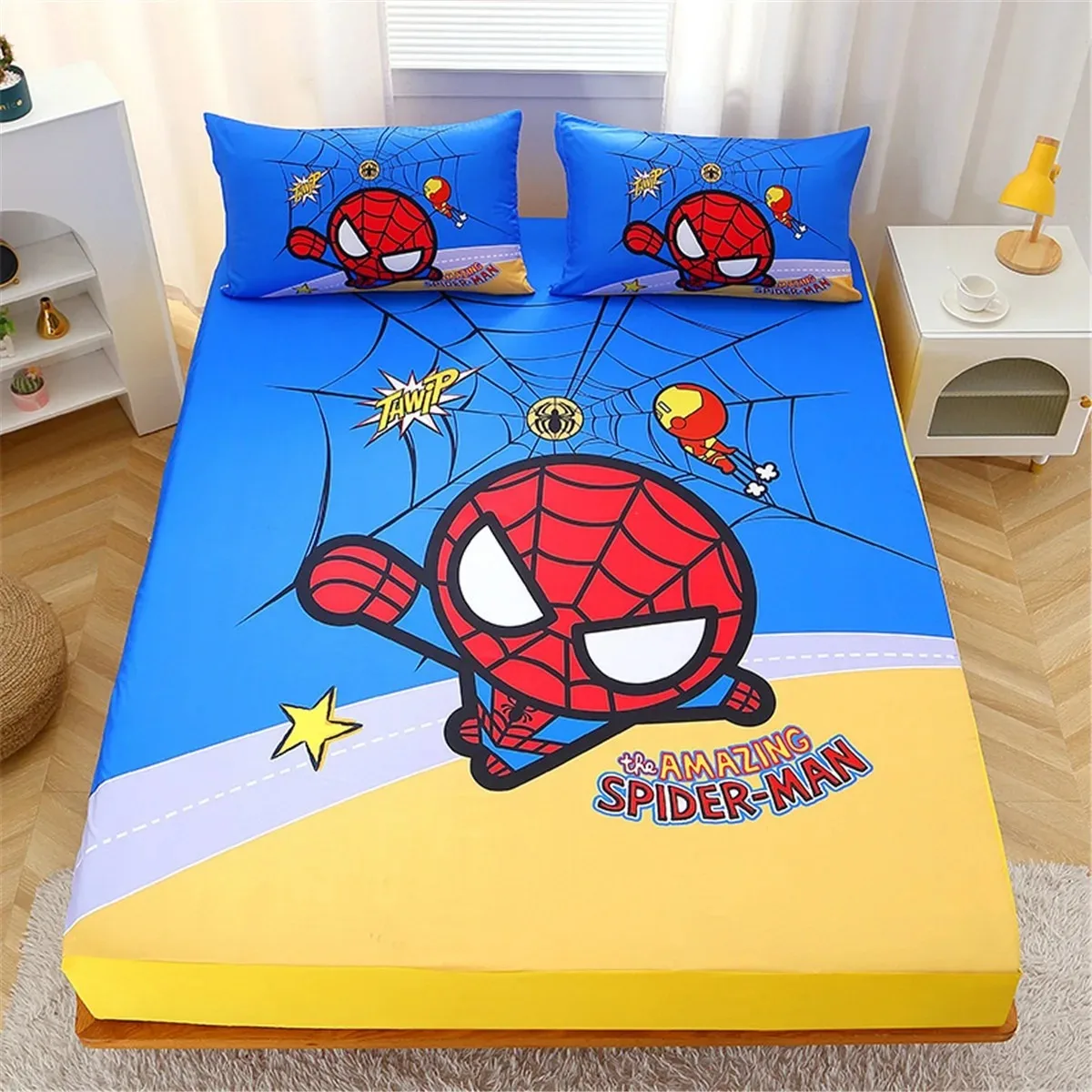 Spiderman Blue Fitted Sheet,Boy\'s Single Bedding Set,Anime Boys Fitted Sheet Box Spring Bed,Suitable for mattresses 5-30cm high