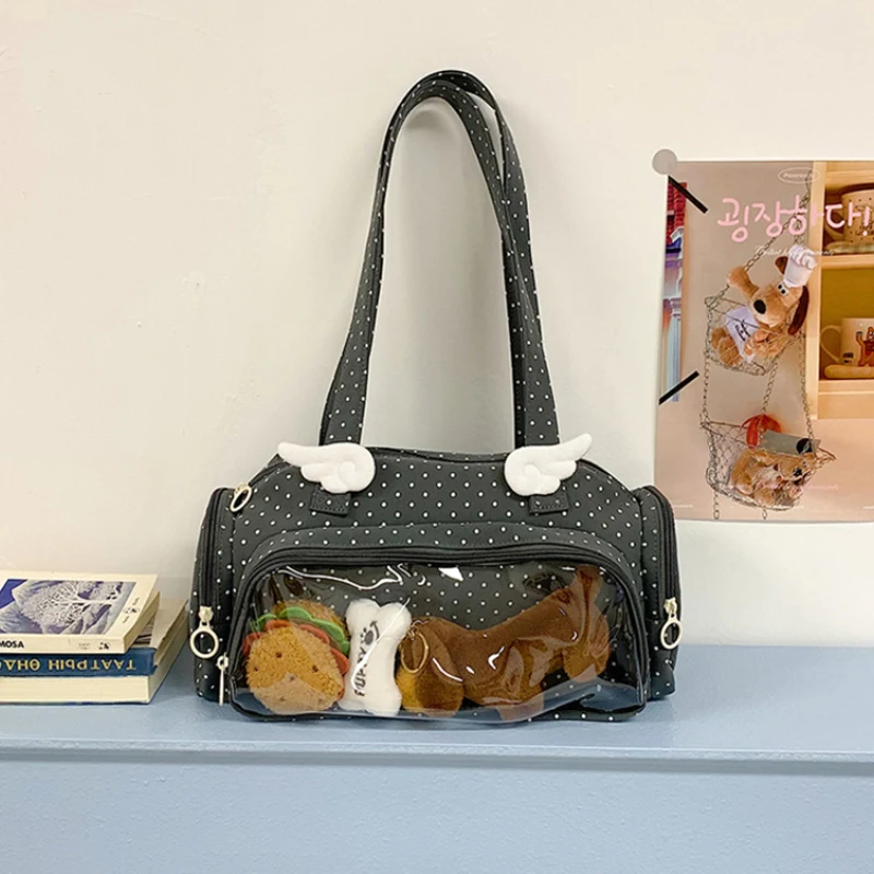 Angel Wings Ita-Tasche mit transparentem Sichtfenster, Damen-Umhängetasche im japanischen Stil, vielseitige Polka-Dot-Handtasche für den täglichen Pendelverkehr – Detail 13