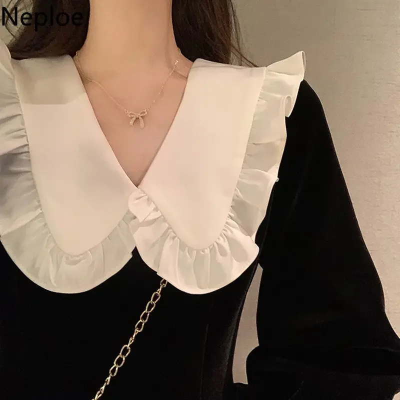 Neploe Dress for Women Chic Peter Pan Collar Vintage Vestidos De Mujer Slim Waist Ruffles Velvet Korean Dresses Temperament Robe