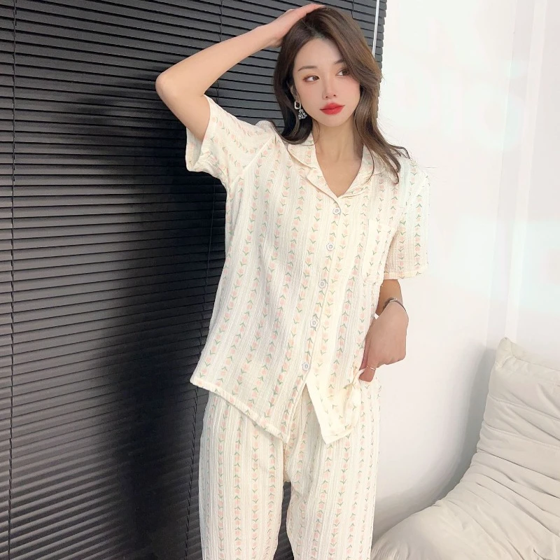 Summer Cotton Crepe Tulip Four Color Pajamas for Women Short Sleeved Pants Casual Loose Fitting Home Clothing Loose Loungewear