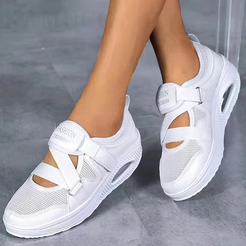 2023 Cushion Platform Shoes Women Casual Shoes Ladies Sneakers Breathable Mesh Spring Summer Wedge Shoes Ankle Strap Flats