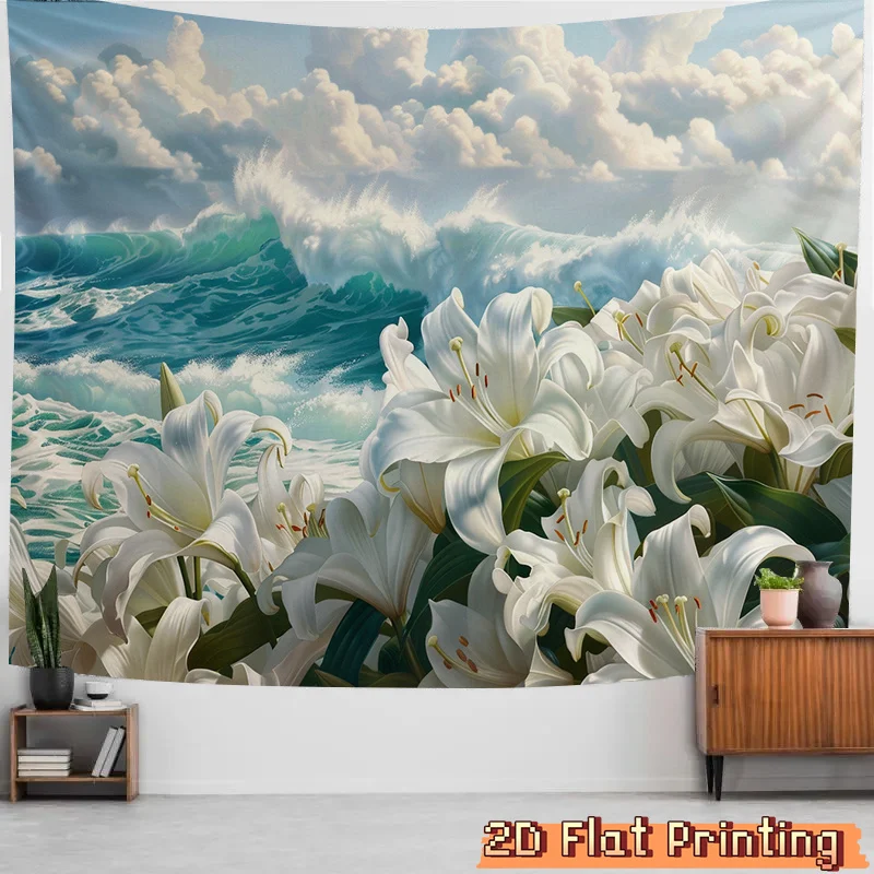 Beautiful Large Tapestry Wall Hanging with White Lily and Ocean Waves Tropical Coastal Nature Decor Art Print
