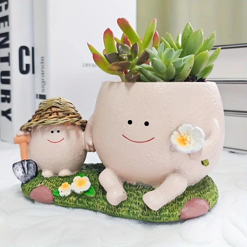 1pc Family Bonding Resin Planter - Cute Parent-Youngsters Design with Drainage Hole for Succulents & Flowers Plant Pot