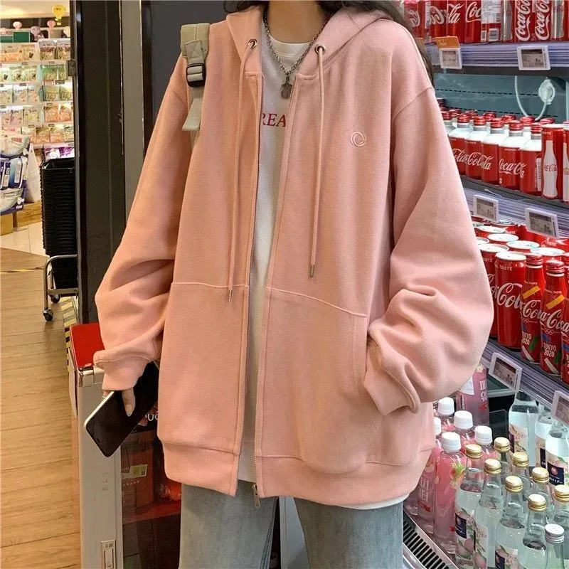 Women Casual Zip Up Oversized Hoodie Sweatshirt Female Streetwear Hooded Pocket Zipper Harajuku Sweat Shirt Y2k Top Clothes