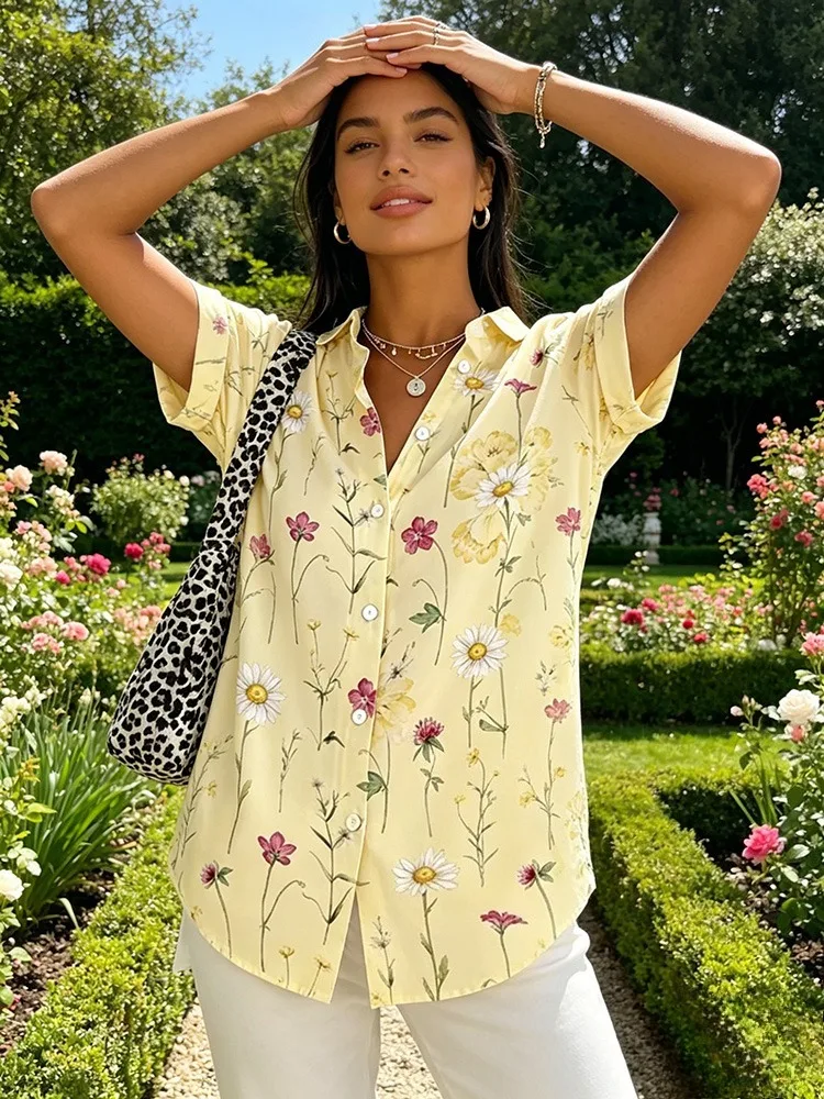 Krisstargirls 2026 Women Floral Print Shirt Plus Size Short Sleeve Button Front Lapel Loose Casual Tops For Women