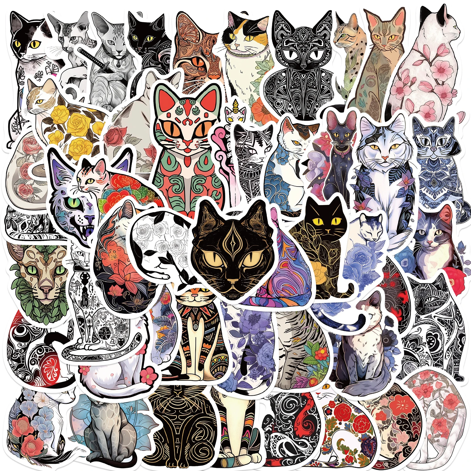 50pcs Retro Cartoon Animal Tattoo Cats Stickers For Laptop Water Bottle Luggage Notebook Phone Waterproof Graffiti Vinyl Decals