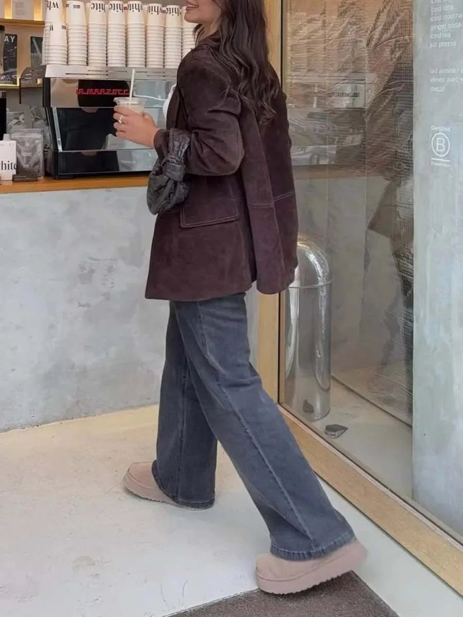 TWOTWINSTYLE Giacca in pelle scamosciata mallard retrò sottile per donna Colletto dentellato Manica lunga Cappotto con bottoni Pathwork Abbigliamento invernale femminile