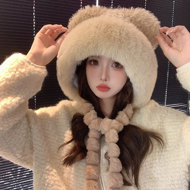 Imitation fur plush hat Girl autumn and winter high-end feeling thickened cold proof and warm ear protection hat big frayed H1