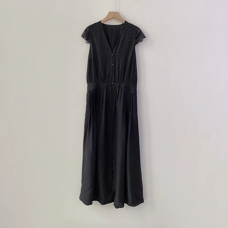 

Zadig Summer Black Women's Dress Lace Patchwork Sleeves Fashion Robe Silk Wing Jacquard Pleated Design Black Female Long Dresses