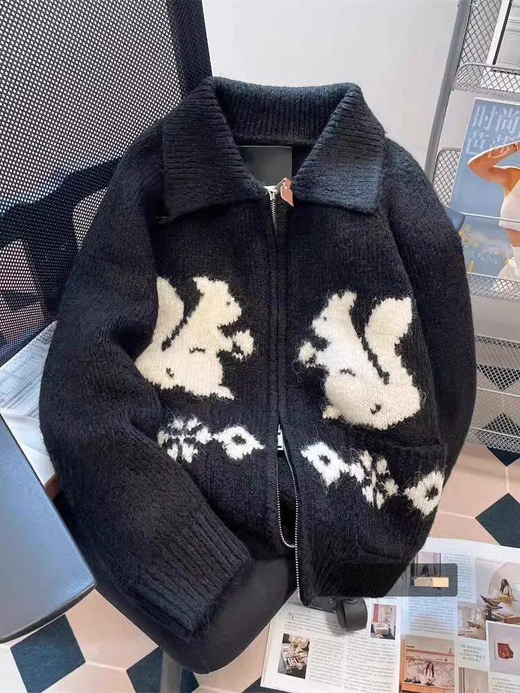 

Женский вязаный кардиган с узором «белка», свободного кроя, весенний, с двойной молнией, воротником и повседневным дизайном, верхняя одежда в стиле «ленивый шик»