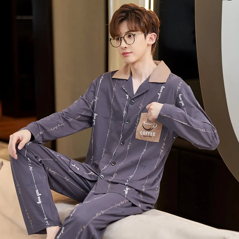 2024 Spring Long Sleeve 100% Cotton Print Pajama Sets for Men Korean Loose Sleepwear Pyjamas Male Homewear Home Clothes Outfits