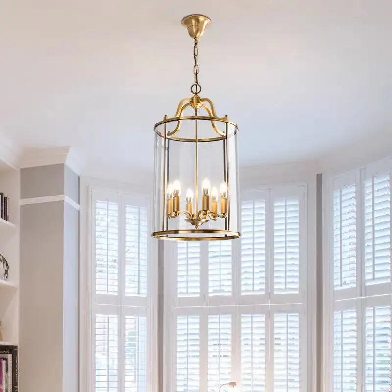 Vintage Brass Birdcage Chandelier LED Candle Lamp Hotel Lobby Hallway Restaurant Cylindrical Solder Clear Glass Entryway Lamp