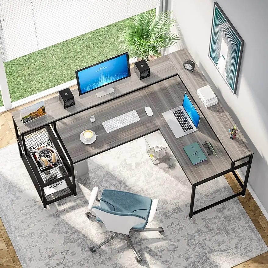 Tribesigns 69 Inch L Shaped Desk with Monitor Stand, Large Reversible Corner Desk with Storage Shelf, Industrial Computer Table