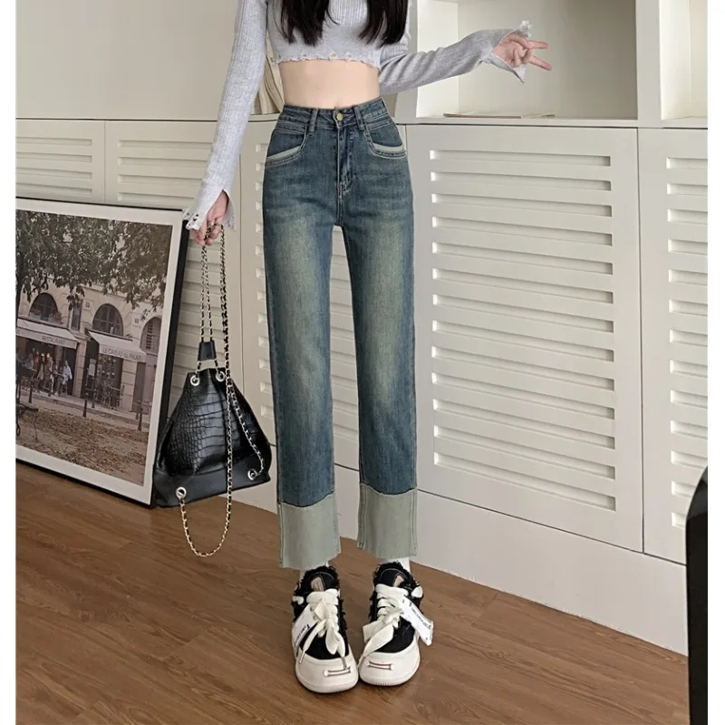 High Waist Bell Bottom Straight Leg Retro Denim Jeans Women's Autumn Winter New Style Splicing Cuffed Slim Fit Dungarees