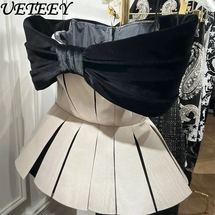 

French Hepburn Style Color-Block Bowknot Camisole Crop Top New Design Unique Slim Fit Sleeveless Blouse Trendy for Women