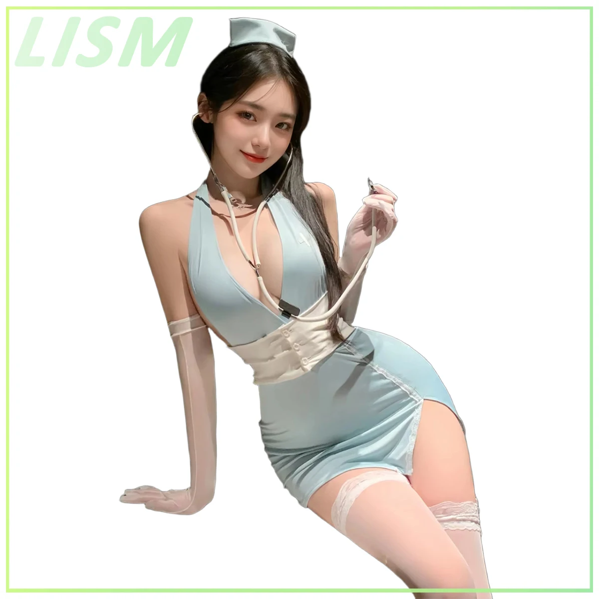 

LISM Women's Nurse Cosplay Bodycon Dress Halter Neck Deep V Backless Costume Set - Halterneck Sexy Party Clubwear Role-Play