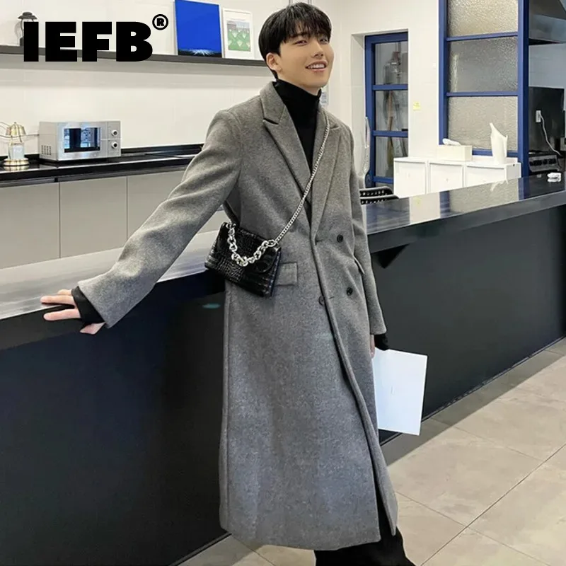 

Мужское шерстяное пальто с отложным воротником IEFB, корейская мода, однотонная мужская ветровка до колена с карманами, Повседневная Весенняя новая модель 9C4839