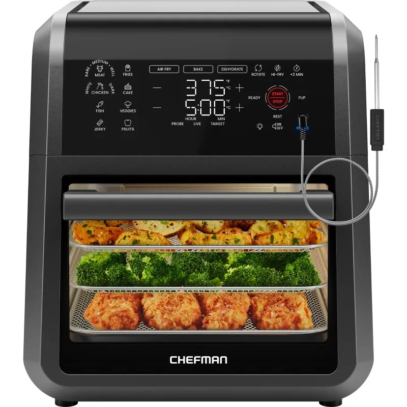 

12 Quart 5-in-1 Air Fryer with Integrated Smart Thermometer, 28 Presets - Black, New