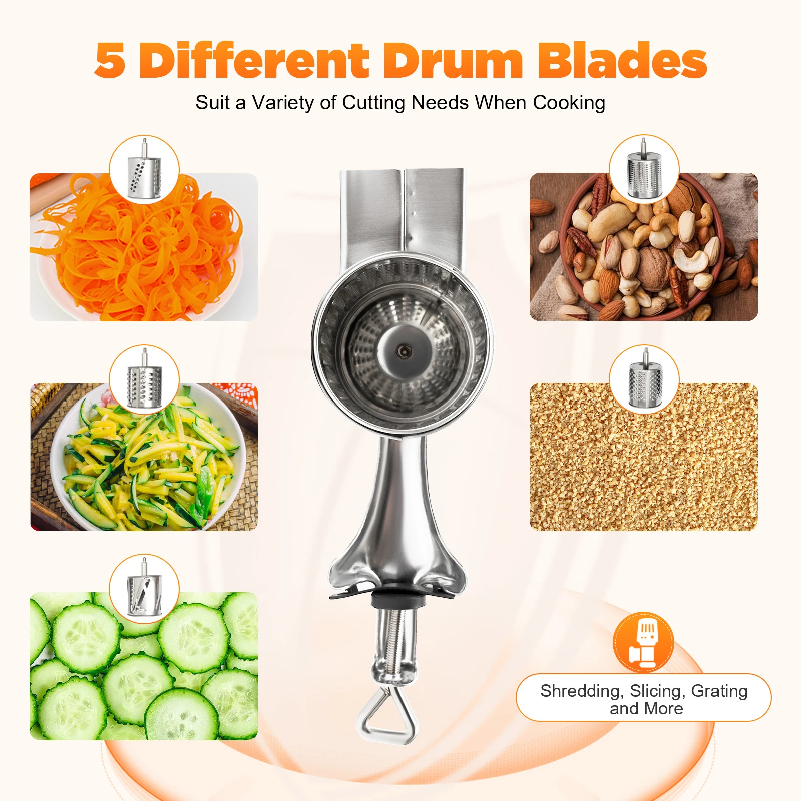 Silver Manual Stainless Steel Rotary Grater with 5 Different Drum Blades Rotary Cheese Vegetable Shredder For Shredding, Slicing