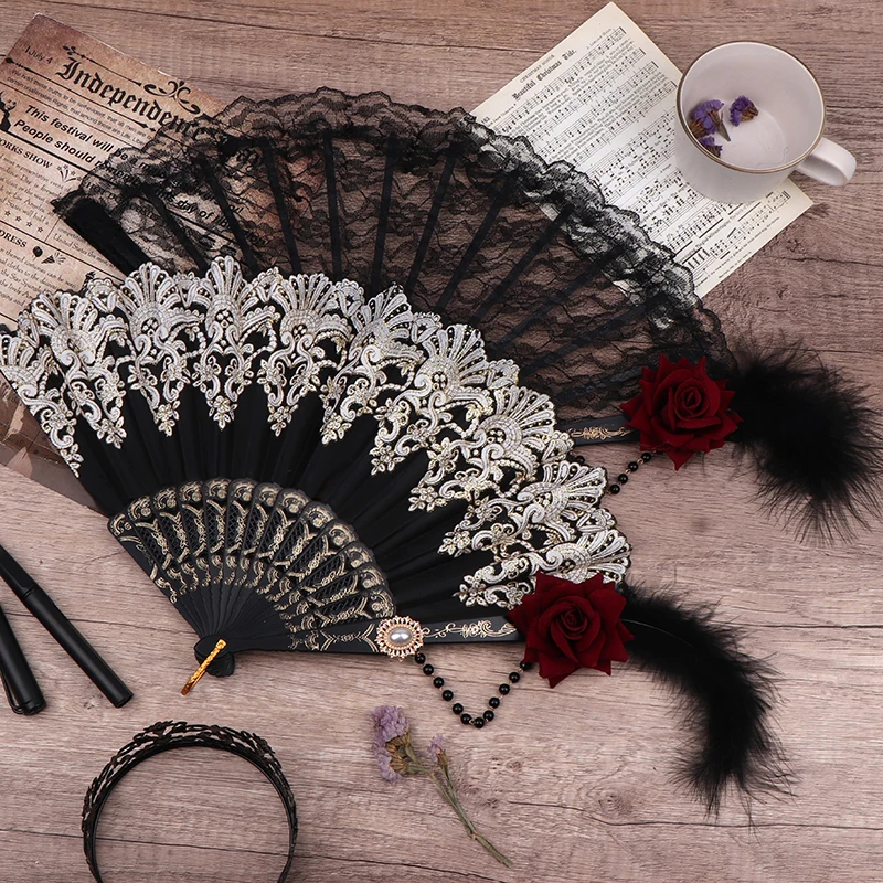 Lolita dobrável de renda, rosa de penas, banhado a ouro, festa de chá feminina, fãs de casamento, adereços cosplay, retrô, estilo europeu